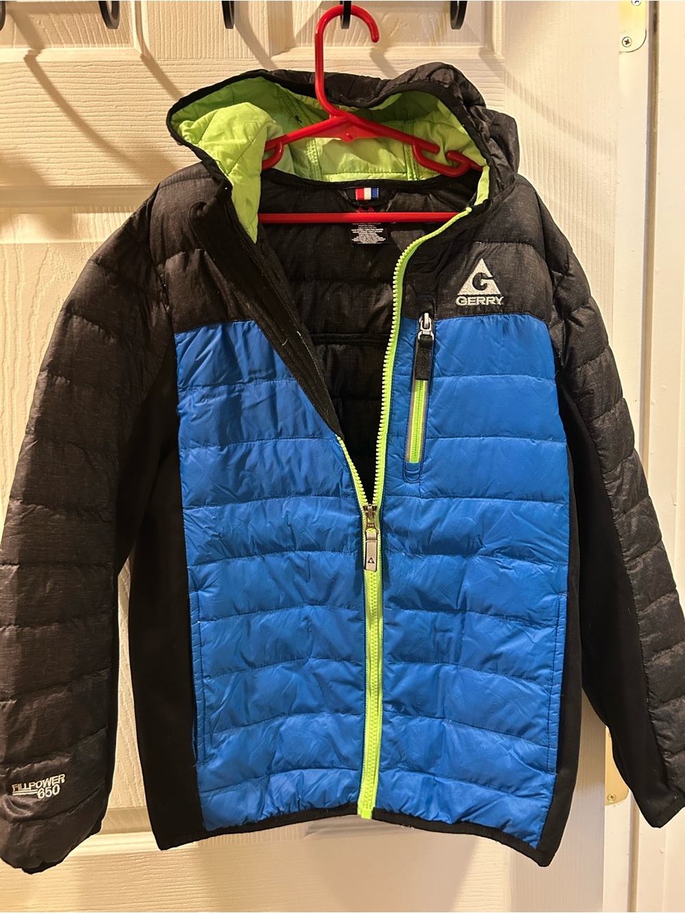 Gerry Boys Down Puffer Jacket Size 7/8 Small Blue Black Hooded 650 Fill Power